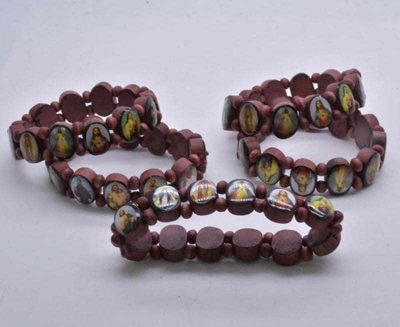 DATOA 4Pcs Wooden Jesus Virgin Mary Bracelet Saints Rosary Stretch Wooden Small Panel Bracelet Religious Saints Jesus Gift - Image 3